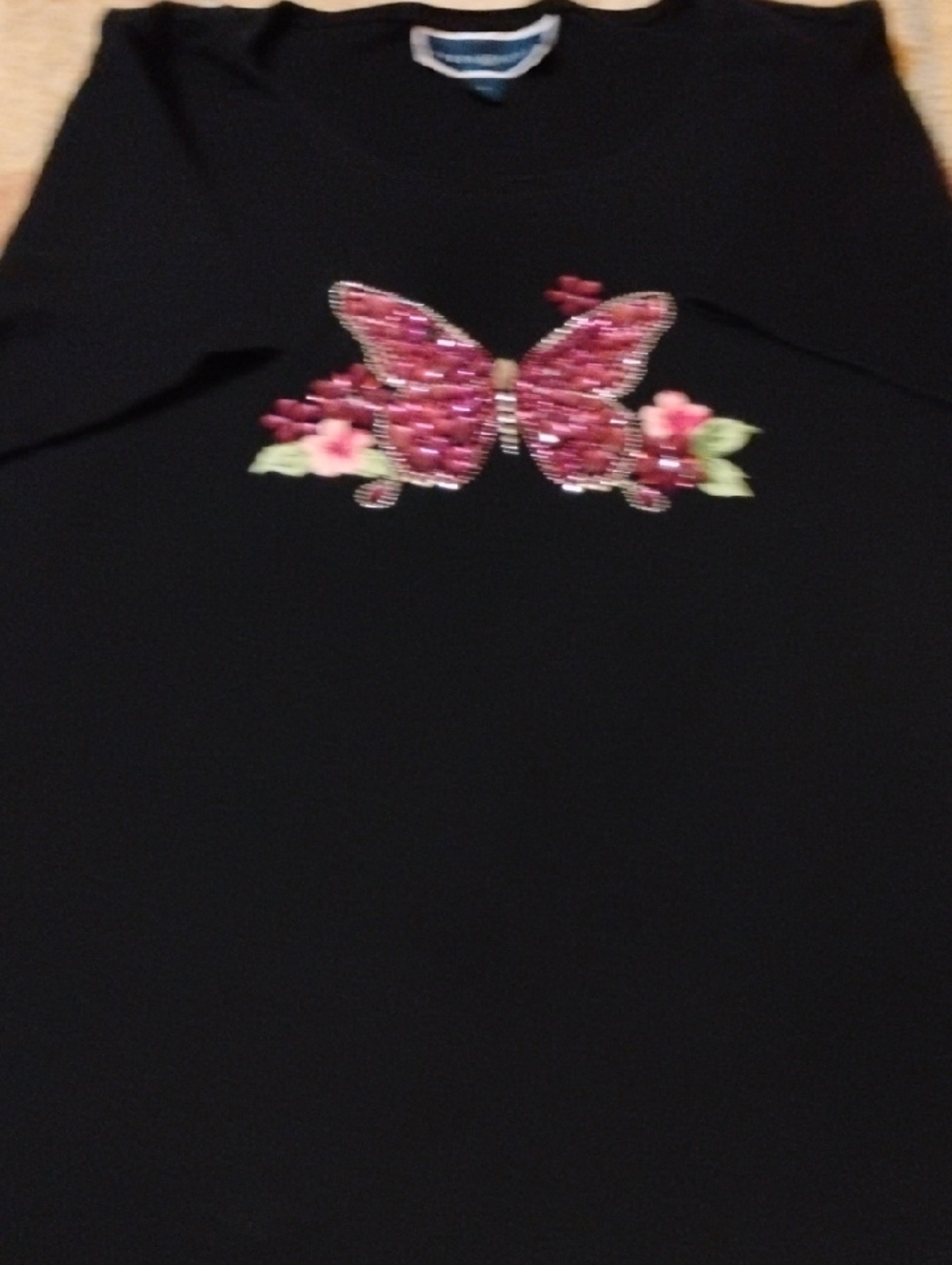 Karen Scott Black Top with Pink Sequin Butterfly